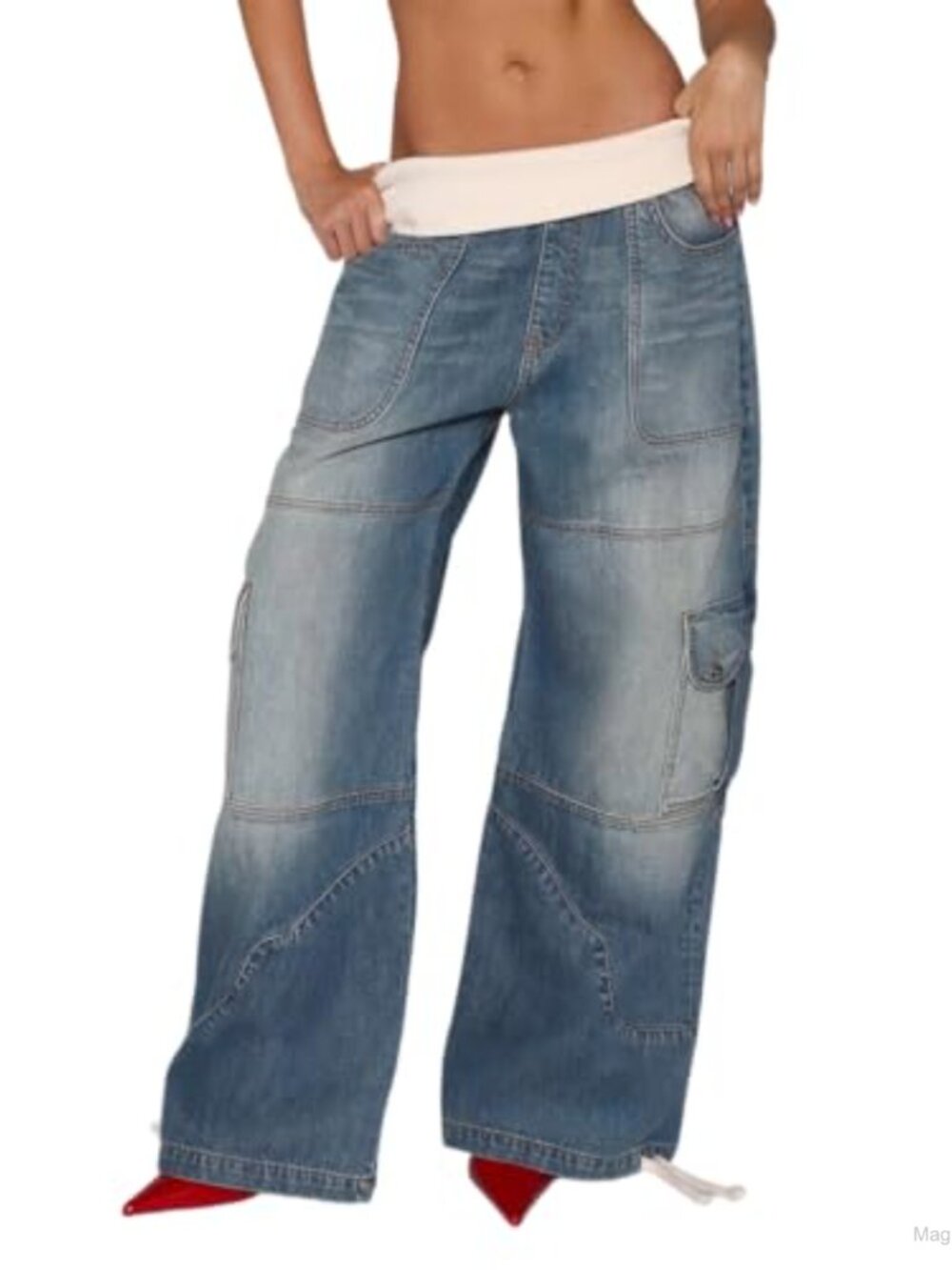 Womens High Waisted Wide Leg Cargo Jeans Stretch Polyester Denim